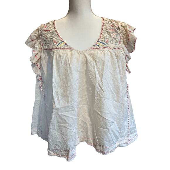 EMBROIDERED SHORT SLEEVE FLOWY LOOSE HIPPIE BOHO FLOWY FLOUNCY CAP SLEEVE SHIRT - Picture 1 of 6